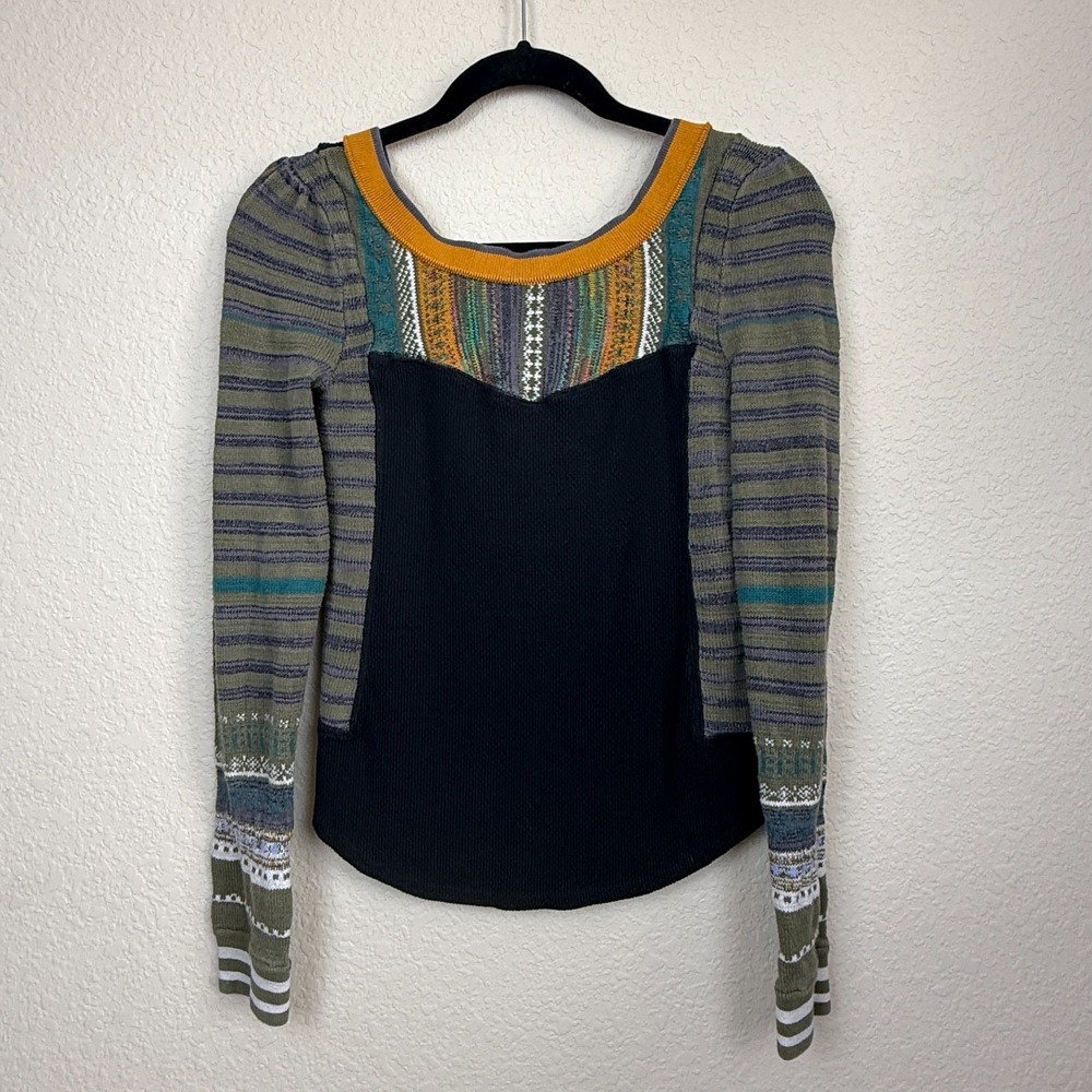 Free People Women's Black Sweet Gal Cotton Thermal Sweater Fair Isle Boho Sz S